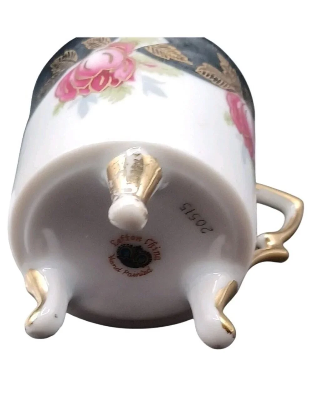 Vintage Lefton Footed Demitasse Cup Saucer #20515 Japan Gold Pink Roses Black